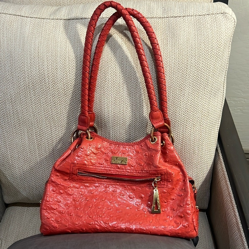 Isabella Adams Red Orange Embossed Satchel Shoulder Bag Braided Straps